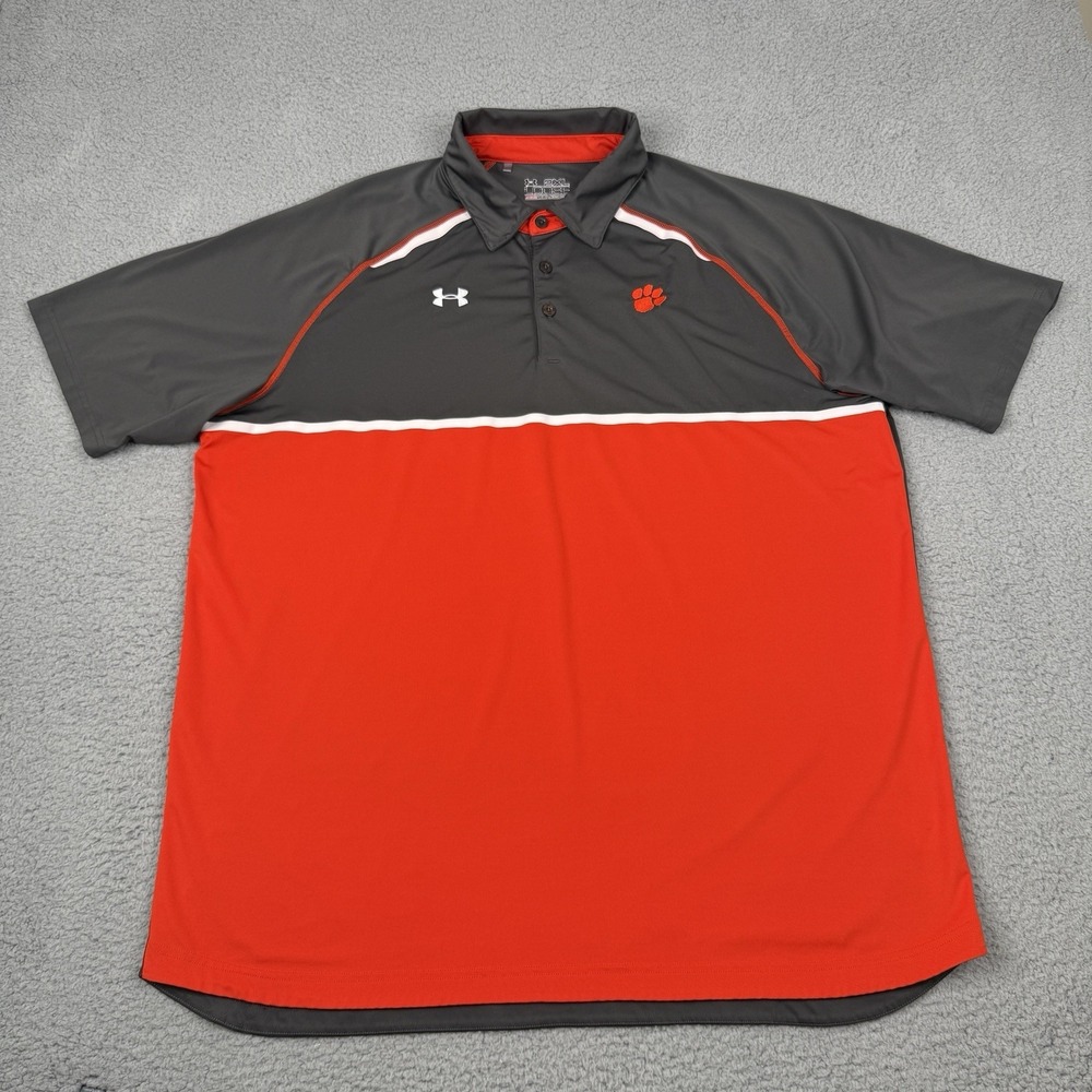 Clemson Tigers Under Armour Polo Shirt Mens 2XL Gray Orange HeatGear Loose NCAA